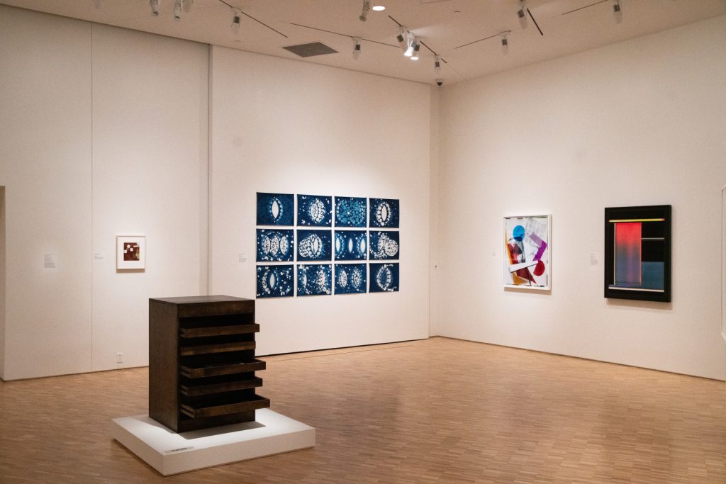 Image: Installation view, Direct Contact: Cameraless Photography Now, 2023. White wall gallery space with four 2D works annd a sculptural work on a pedastal. Sidney and Lois Eskenazi Museum of Art, Indiana University. Photo: Shanti Knight. 