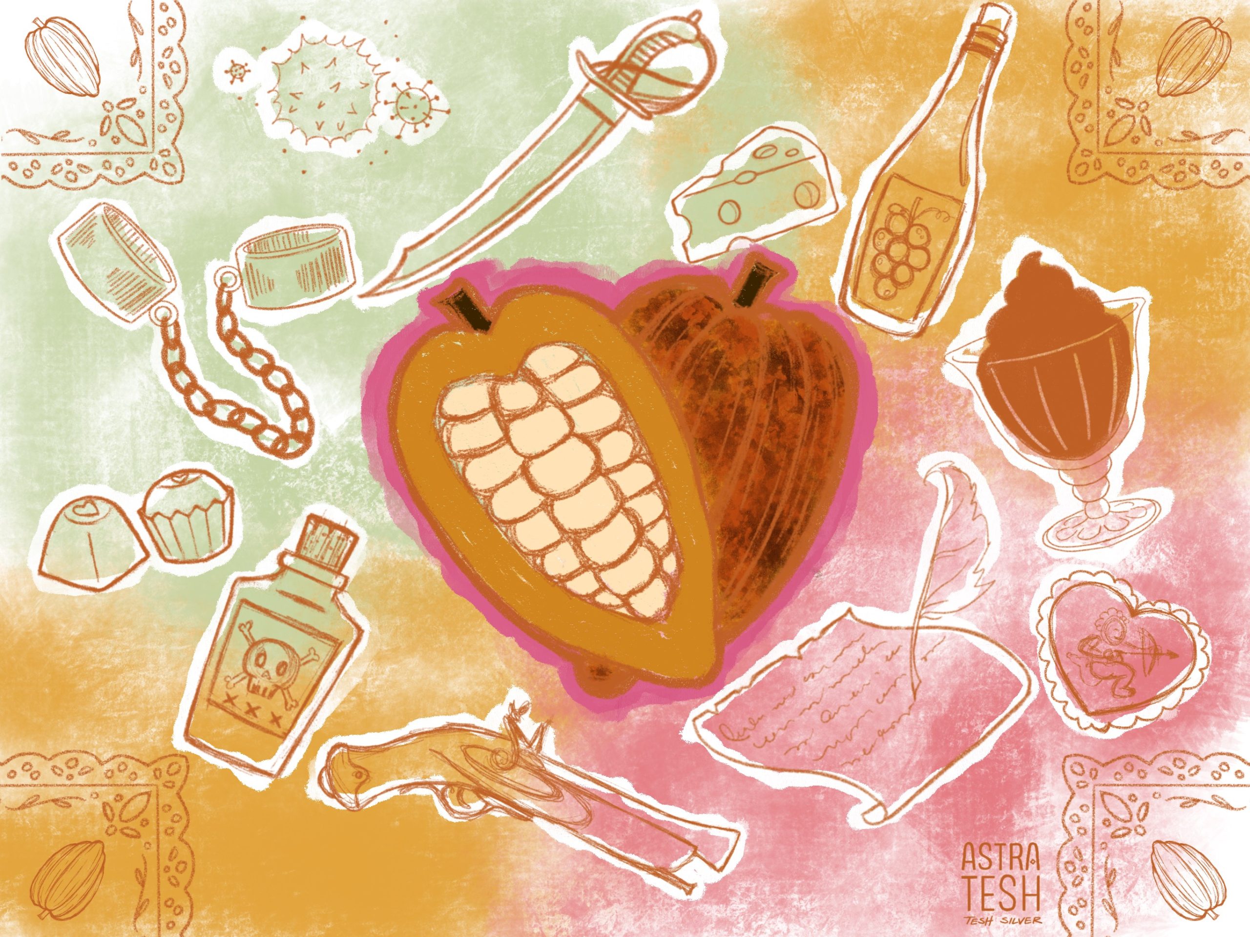 Image: An illustration of light pastel colors; the top left, a mint green; the bottom right, a pink; the top right and bottom left, turmeric and ochres. In each quadrant are images of food and violence, such as corn, cheese, guns, swords, liquor, and handcuffs. In the center is a halved cacao fruit, with one half facing away from us and one facing towards us, arranged like a heart. In each corner is a stamp with a cacao fruit on it. Illustration by Teshika Silver.