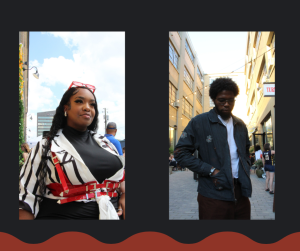 Image: A photo of Mary @m.aaiirr on the left and Jalen @jalen_treetop on the right. Mary wears a black bodycon dress with a black and white cardigan and bright red corset belt that matches their sunglasses on their head. Jaylen has a denim zip-up with daisy embroidery over a white tee and brown pants. They also have a cross necklace and aviator glasses. Photo Credit: Salyse .