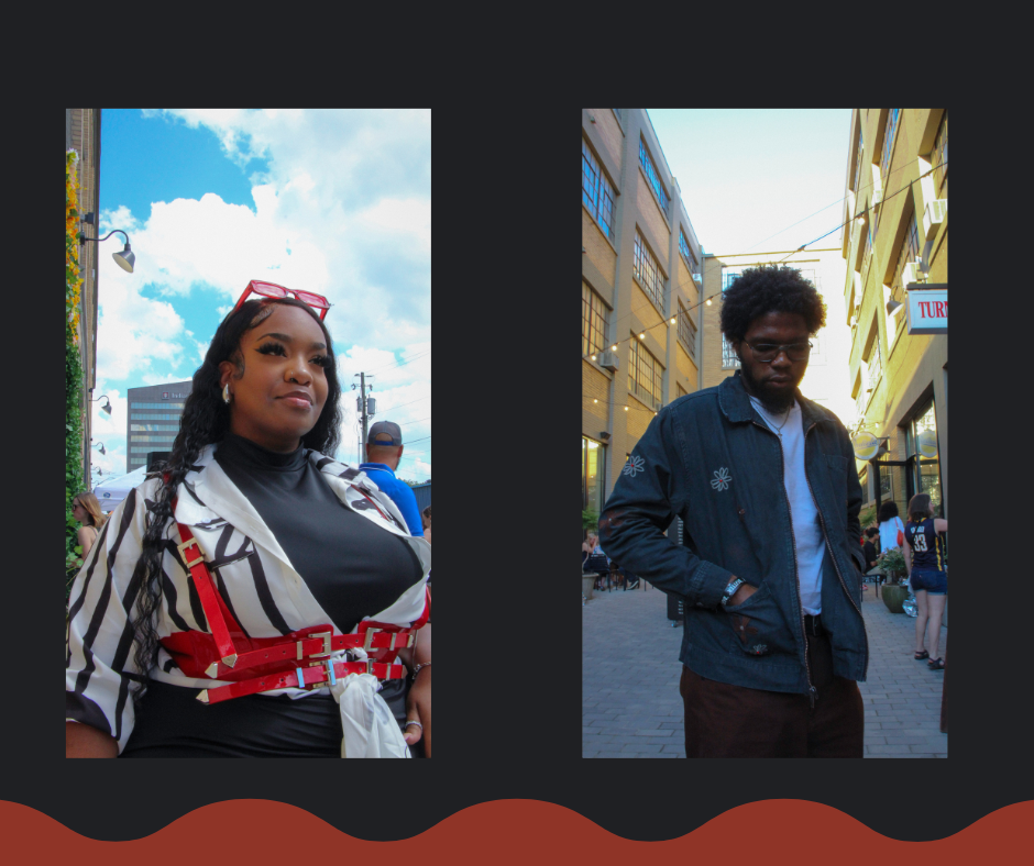 Image: A photo of Mary @m.aaiirr on the left and Jalen @jalen_treetop on the right. Mary wears a black bodycon dress with a black and white cardigan and bright red corset belt that matches their sunglasses on their head. Jaylen has a denim zip-up with daisy embroidery over a white tee and brown pants. They also have a cross necklace and aviator glasses. Photo Credit: Salyse