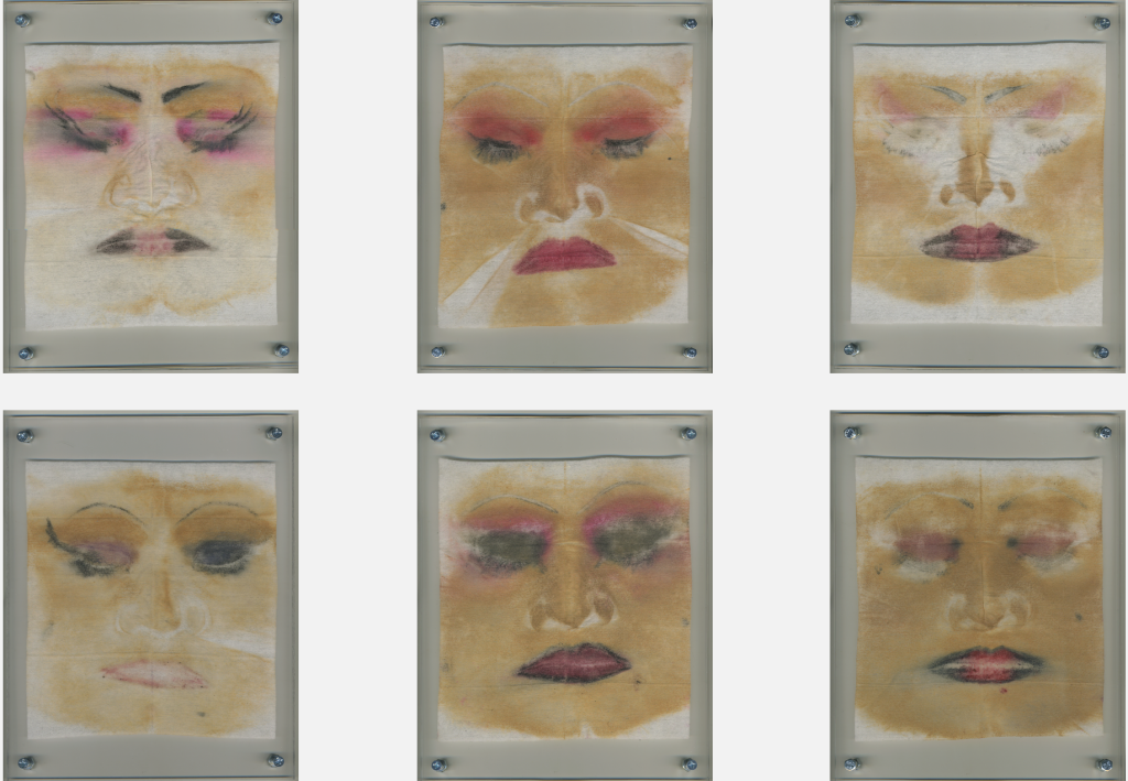Image: Ále Campos, W-I-P-E-S, ongoing series. Six imprints of facial makeup are presented on makeup wipes in acrylic frames. Image courtesy of the artist. 
