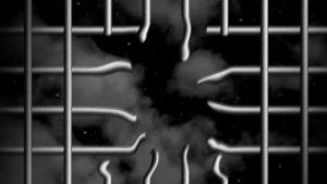 Image: an illustrated grid of bars run across a black and grey night sky. In the center, the bars are mangled and an opening forms. Illustration by Diana C Pietrzyk.