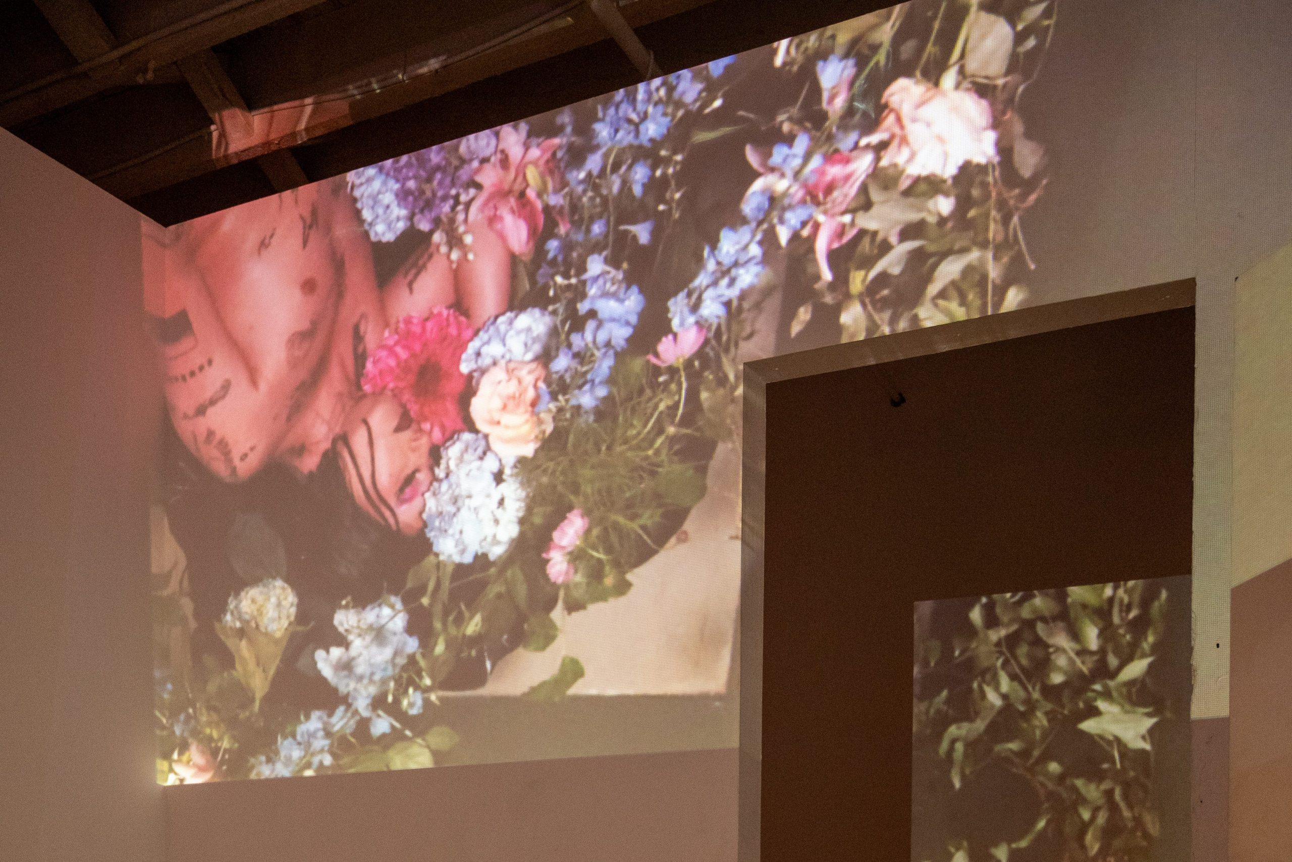 Image: A still shot of “At Rest,” a collaboration between Vince Phan and Ále Campos, presented by Jude Gallery. A livestream of a figure sleeping in a bed of flowers is projected over a doorway. Photo by Tonal Simmons.
