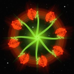Image: In neon colors, eight red roses branch out on green stems from a central node. Behind. them is a starry sky. Illustration by Diana C Pietrzyk.