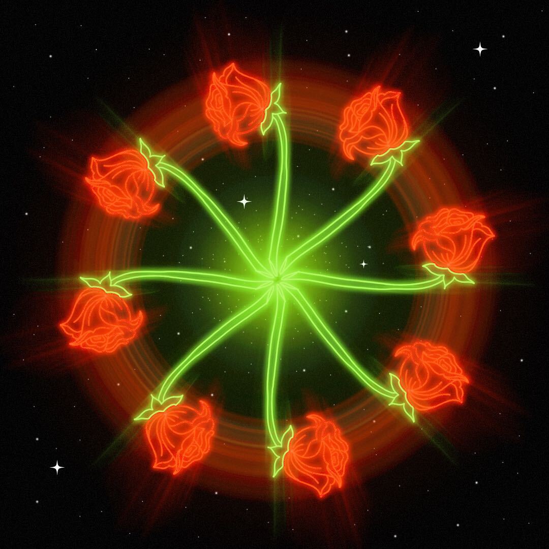 Image: In neon colors, eight red roses branch out on green stems from a central node. Behind. them is a starry sky. Illustration by Diana C Pietrzyk.