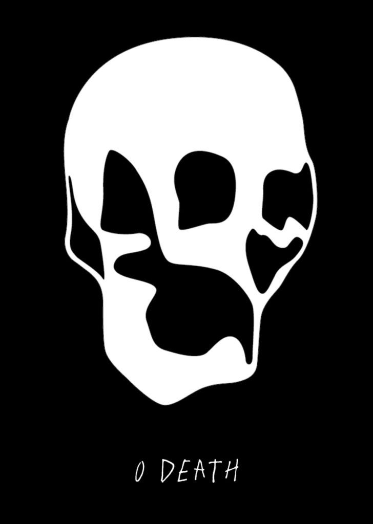Left image: Poster for Santiago Quintana's O Death. A digital drawing of a white skull on a black background is depicted center and above the title of Quintana's work. The lettering of the title is the same color as the skull. It also thin and resembles sticks.