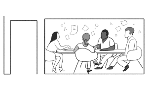 Image: A black, white, and grey illustration by Kiki Lechuga-Dupont. The drawing is a view through a window into a room where several people are gathered around a table, seemingly in discussion. There are papers and shapes hovering in the air above the table.