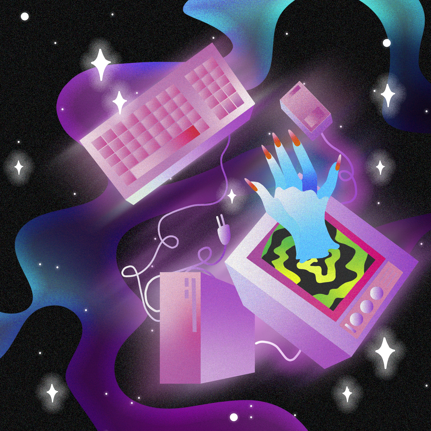 Image: a digital illustration featuring pink shiny keyboard, computer tower, and monitor floating in spce. There is a bluehand reaching out of the monitor. Illustration by Diana Pietrzyk.