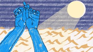 Image: An illustration taken from the article "My Ancestors Healed by the Water, Too," a poem by Shivani Kumar. The image is of two blue-colored hands drawn up to the forearms which are reaching towards the sky, against light orange colored waves, a purple sunset sky, and a yellow sun beaming on the right side of the illustration. Illustration by Damiane Nickles