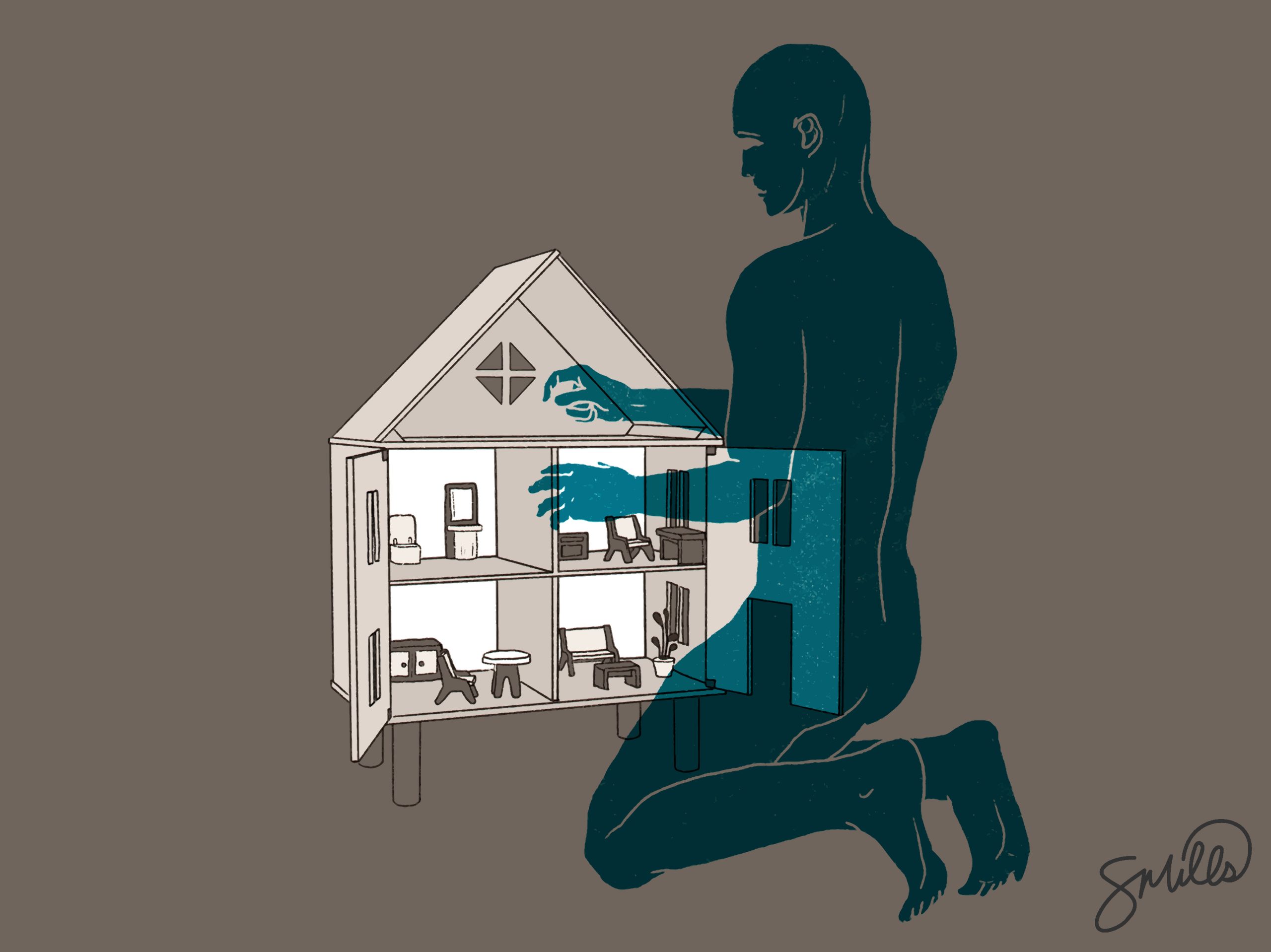 Image: On a grey background, a ghostly teal figure on their knees arranging pieces in a doll house. Illustration by Summer Mills.