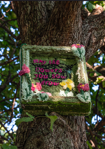 Eseosa Edebiri installed a green moss-like square frame that has pink text inside that reads "May the flowers you sow grow" which is attached to a tree. 