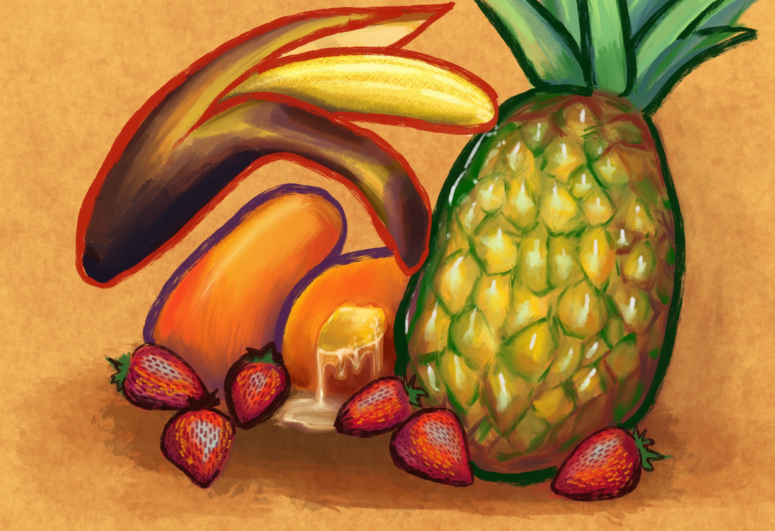 Image: An arrangement of fruit is presented against a yellowish-orange background, including a half-peeled banana, a pineapple, several strawberries, and a halved mango. Illustration by Julia O'Brien.