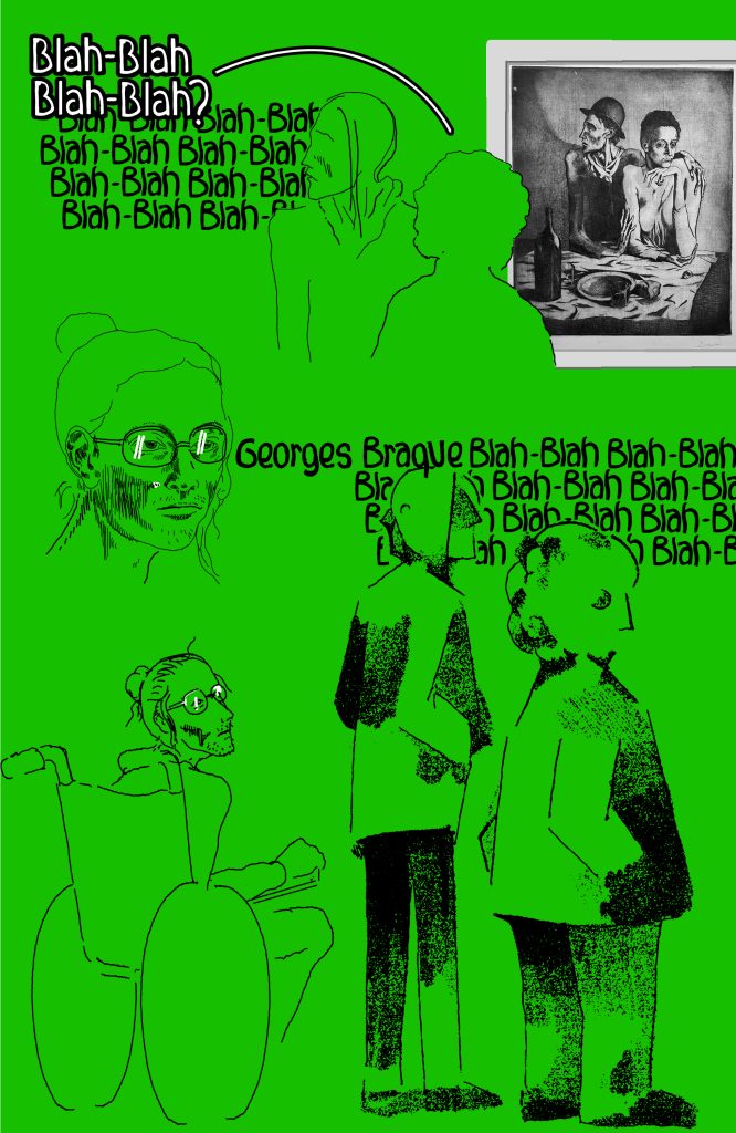 A green background spread featuring a charcoal painting by picasso being observed by three black and white characters with the saying Blah-Blah written all over and the name Georges Braque in the center.