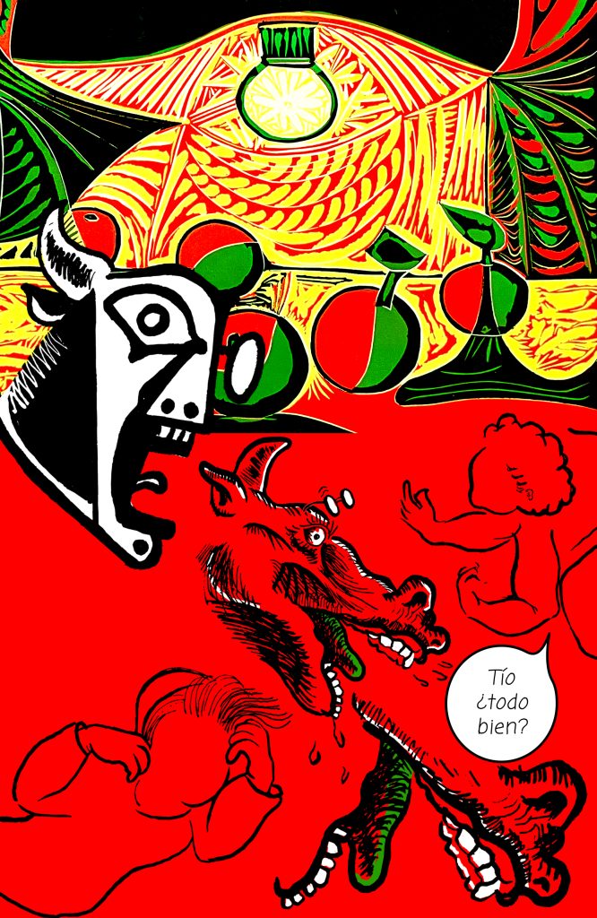 A red, green, and yellow image shows Tío with a toro head evolving and screaming as his nephew asks, "todo bien?" or "is everything okay?"