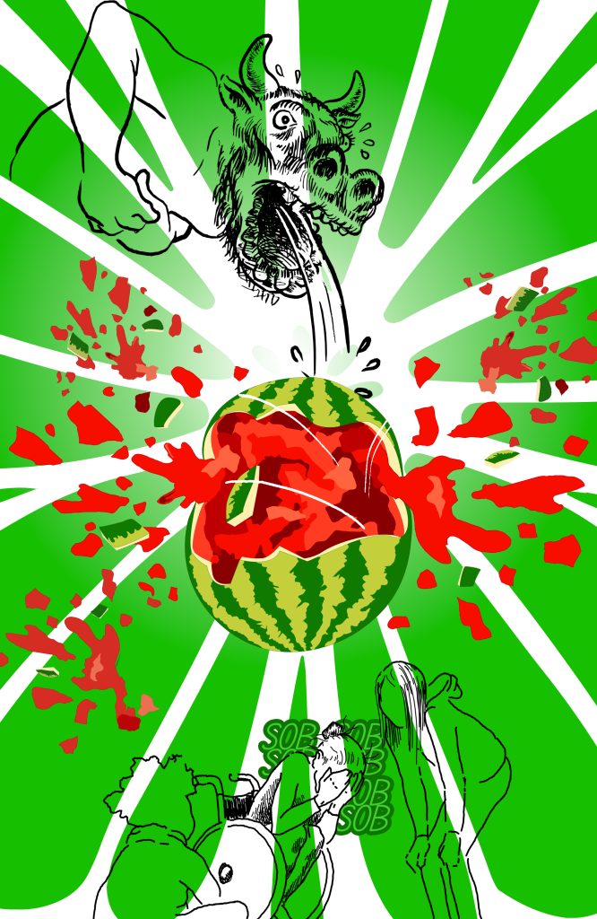 A splattered watermelon comes out of Tío with a toro head and also shows normal Tío sobbing as his nephews look at him. 