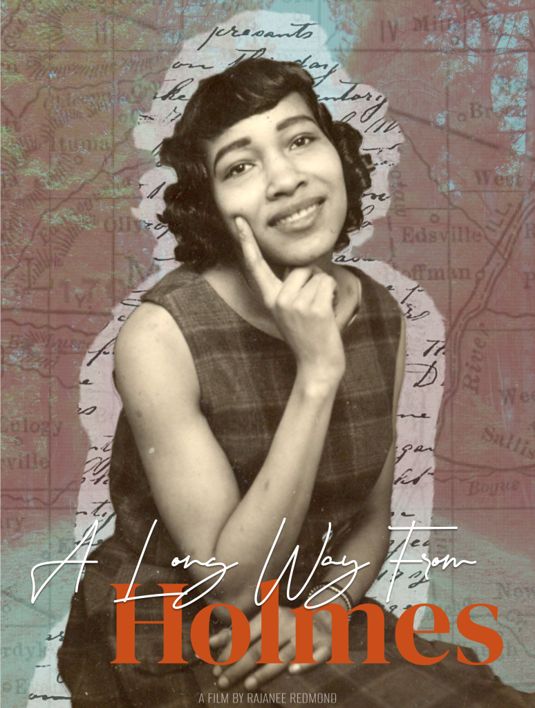 Image: The graphic cover for "A Long Way From Holmes." It features a photo of Redmond's great-grandmother, Beatrice Delany, smiling and looking at the camera, with her hand under her chin and a finger on her cheek. Surrounding her silhouette is the text of an enslaver’s will; surrounding that is a translucent map laid over a photo of a road and forest. Image by Jalen Hamilton.