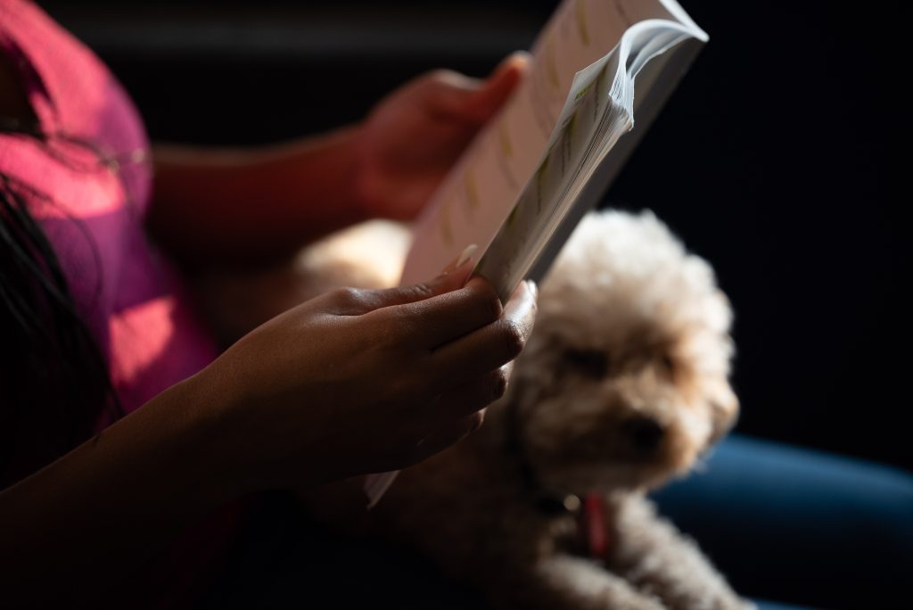 Image: A close-up of Alyssa Laney's hands holding a play script, her index finger placed in between the current page and the next one. In her lap and out of focus is her small fluffy dog. Her shirt is purple. Photo by Tonal Simmons.