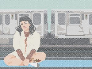 Image: Summer Mills digital illustration commissioned for Sixty Inches From Center, 2024. Illustration depicts Hope Wang sitting criss cross on Chicago Transit Authorities blue floor with train passing behind her. She is wearing a cream colored button up and a brown shirt underneath. Hope's black hair is shoulder length with bangs.