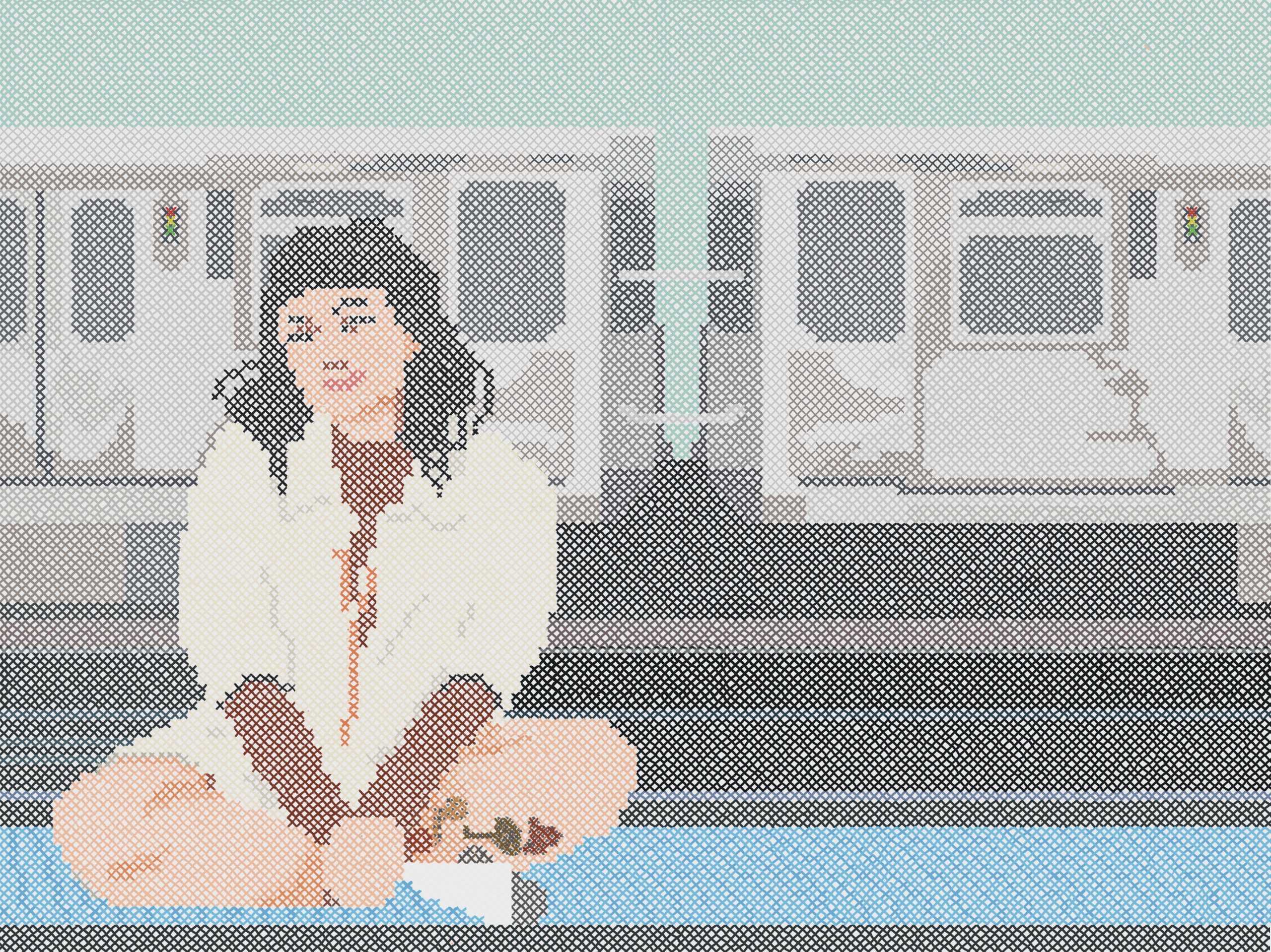 Imagen: Summer Mills ilustracion digital para Sesenta, 2024. Una ilustración de Hope Wang sentada sobre el pizo azul del Chicago Transit Authority diseñado como una pieza de tejer.