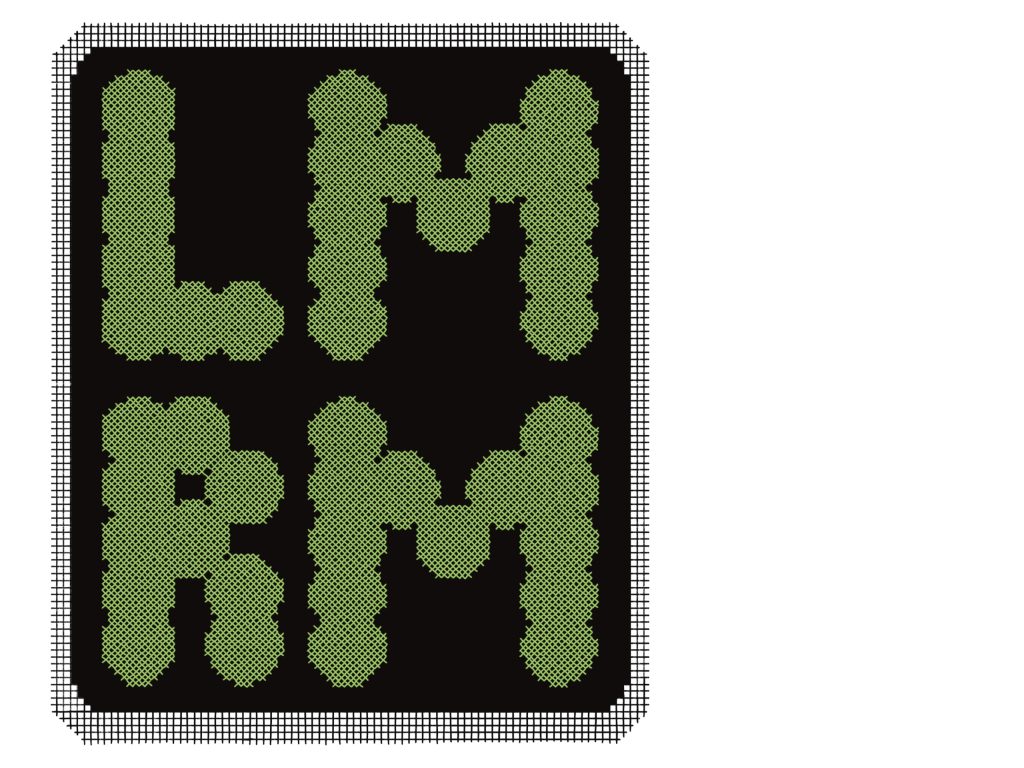 Imagen: Summer Mills ilustracion digital para Sesenta, 2024. La palabra "LMRM" en verde sobre un bordado negro diseñado como una pieza de tejer. 