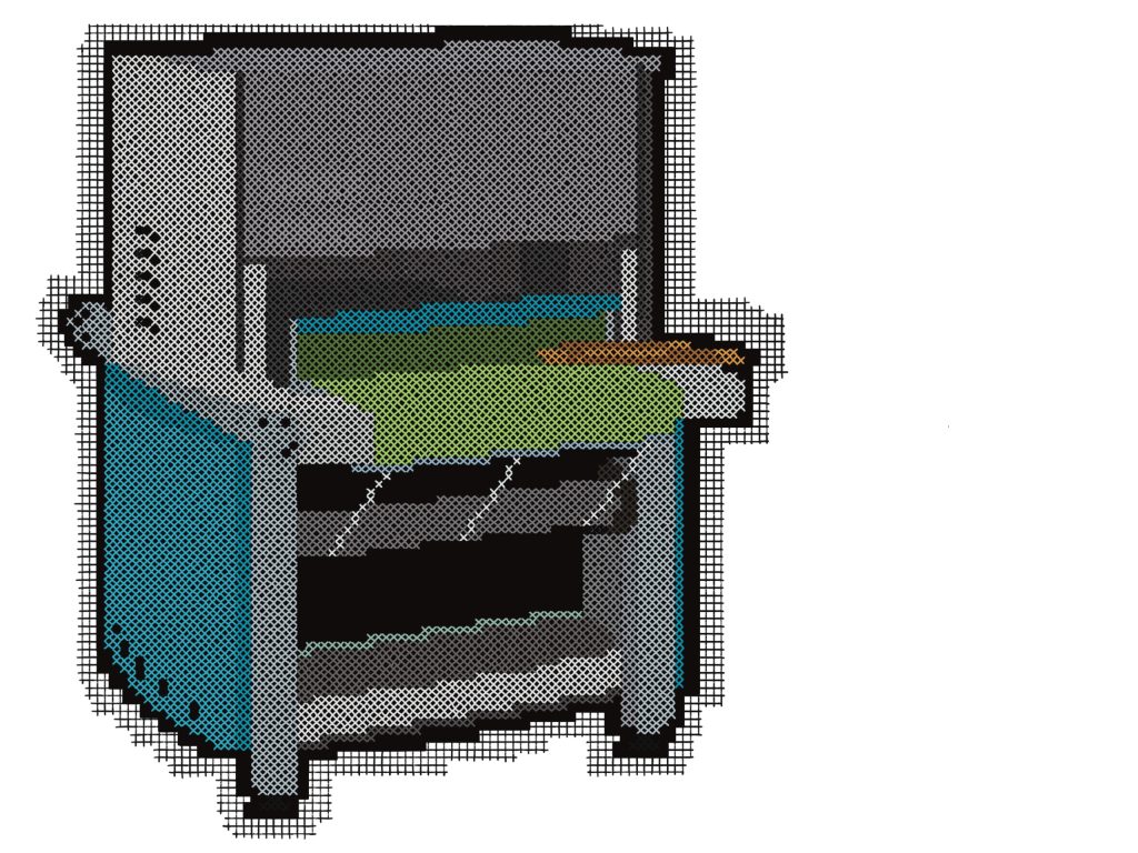 Imagen: Summer Mills ilustracion digital para Sesenta, 2024. Una máquina digital de tejer de color gris, verde, y azul con un bordado negro diseñado como una pieza de tejer. 
