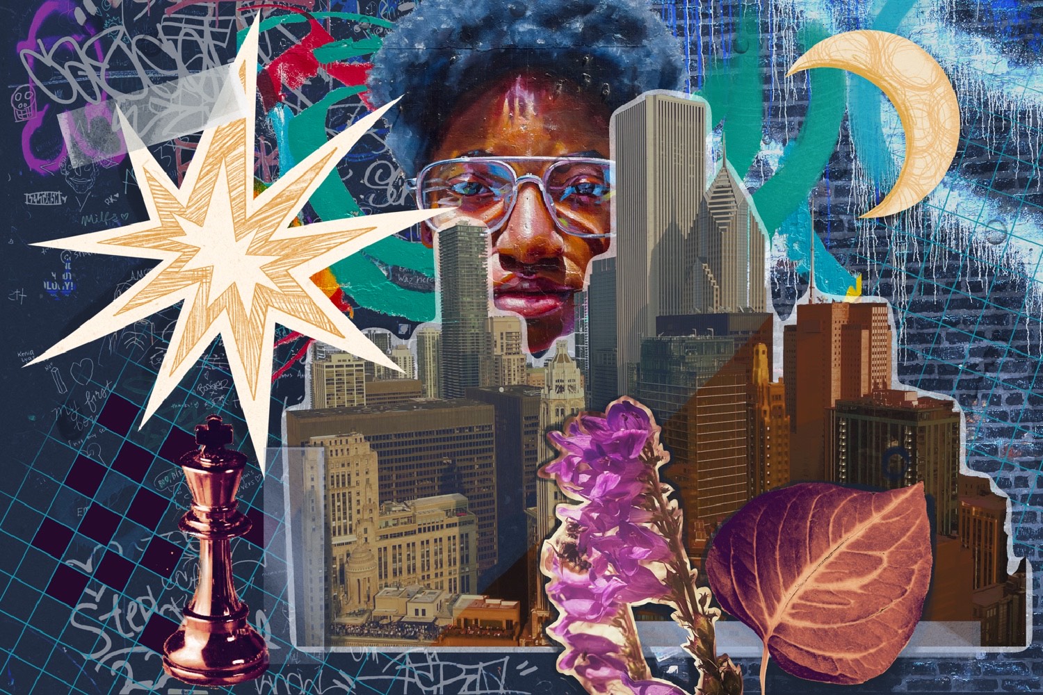 Image: A collage and illustration by Julia O'Brien. In the left portion of the image, there's a chess piece underneath a yellow and white burst. To the right of these there's a paper cutout of a skyline with a leaf and flower in front of it. Above the skyline's right side is a crescent moon. From behind the buildings, a massive face wearing glasses looks through at the audience. There's a textured blue wash backdrop. Illustration by Julia O'Brien.