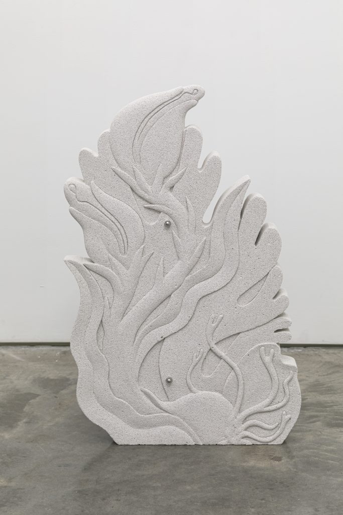 Image: Sif Itona Westerberg, Glitch/Growth I, 2022. Image credit: courtesy of the artist and Gether Contemporary, Copenhagen. A cast concrete depicts budding flowers growing upward, surrounded by flowing leaf fronds. Two steel bolts are visible in the lower and upper half of the cast.