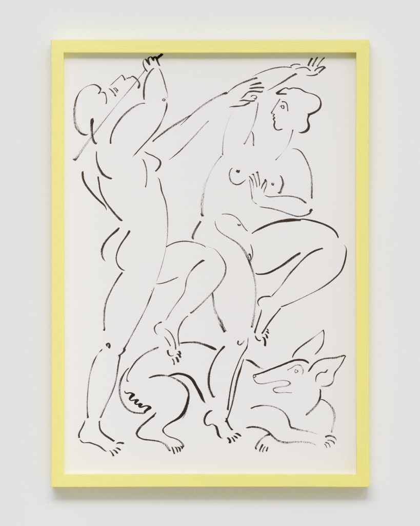 Image: Sif Itona Westerberg, Untitled XIII, 2021. Image credit: courtesy of the artist and Gether Contemporary, Copenhagen. Two line figures appear in conflict. Both their legs are raised as though they might step on a dog in the lower half of the image. The left figure appears to be wielding a weapon while the right raises their arm in defense.