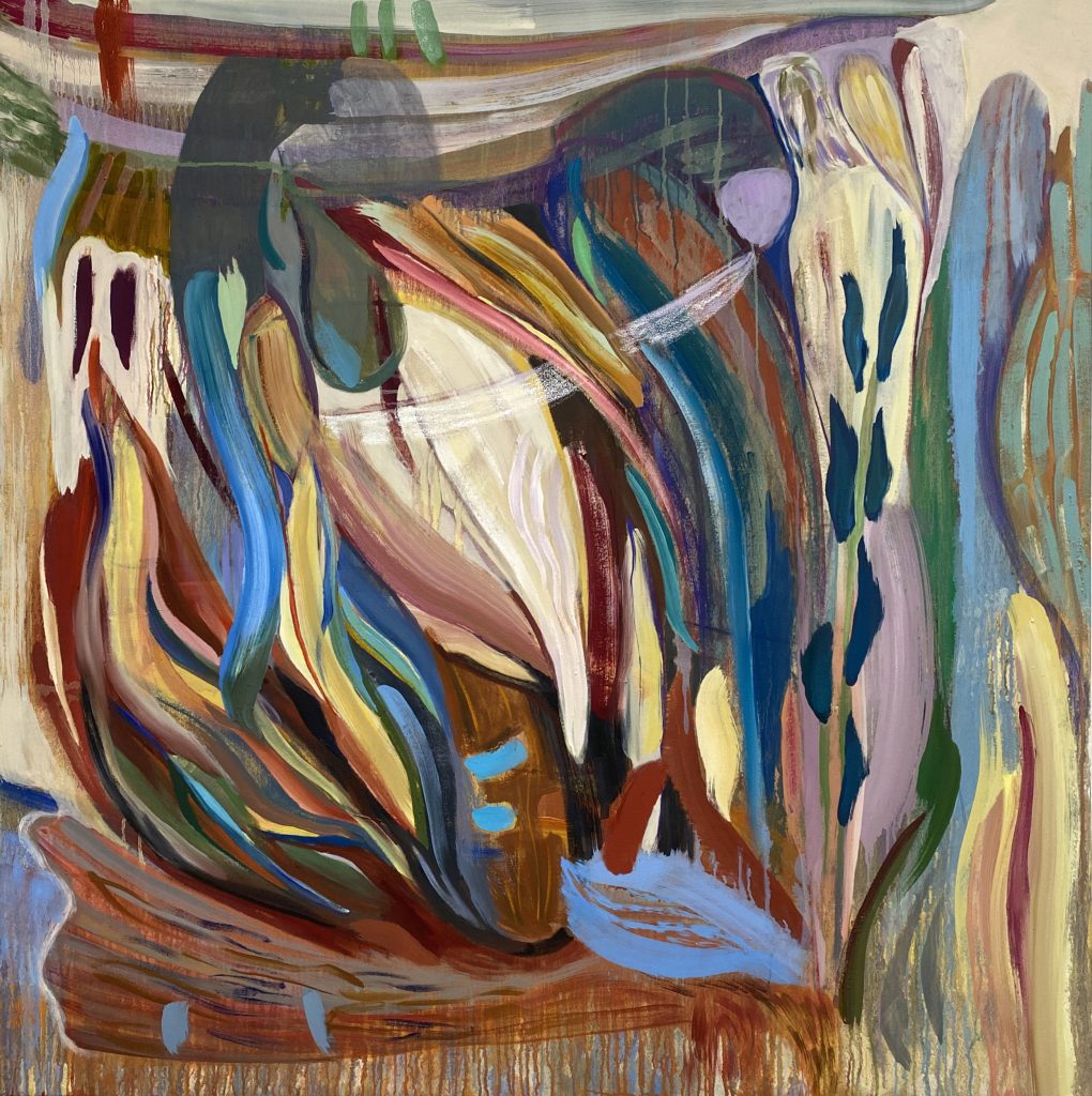 Image: Inanna's Descent, Diana Motta. An abstract painting. From the bottom right, multi-colored flames in muted, natural tones rise up to the left across the canvas and end at a curving purple line. Just before that resolution, a drop-like shape appears, heavy in the opposite direction of the flames. On the right side of the canvas, there is a dicot-like structure, with blue leaves rising on its stalk. Near the top, a cream-colored silhouette of a figure forms. Image courtesy of the artist.
