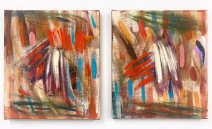 Image: Estrelas, Diana Motta. Two paintings side-by-side, both using a similar color palette; earthy browns, oranges, and greens, contrasted by brighter blues, purples, pinks, and creams. The two images have a parallel claw-like pattern in the center of the canvas. Image courtesy of the artist.