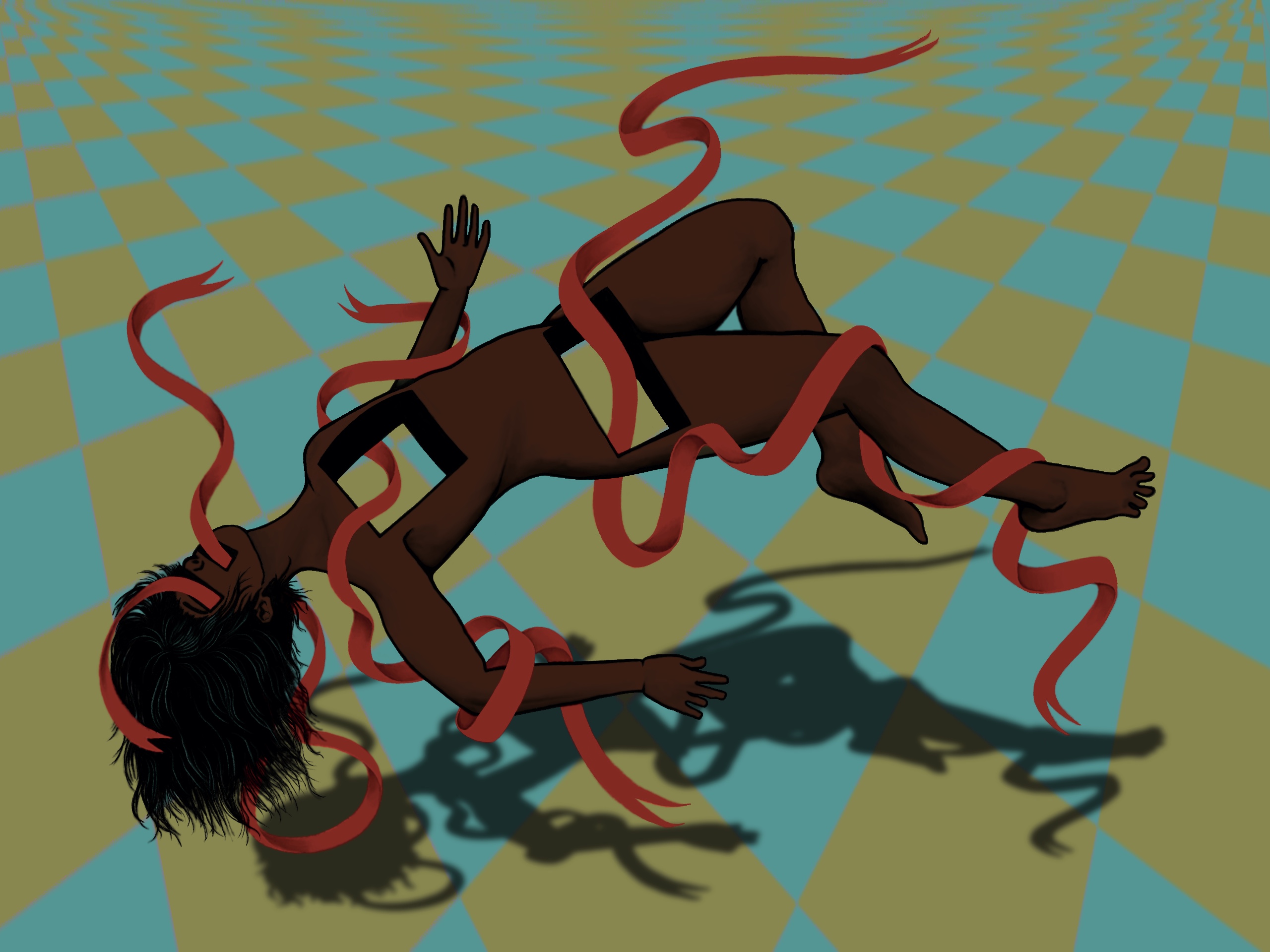 Image: Above a teal and olive green checked floor, a nude Black person floats in the air, their limbs akimbo, with a long red ribbon curling around their body and through two clean square cuts in their chest and in their hips. One ribbon also curves through their mouth and eye. Image by Summer Mills.