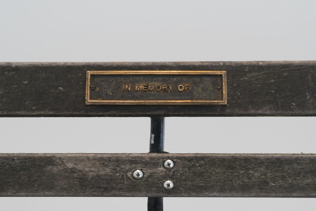 Image: Selva Aparicio, In Memory Of (detail), 2023, memorial bench with bronze plaque dedication, Depaul Art Museum. Courtesy of the artist. A close up shot of two wooden planks on a bench. A plaque reads "IN MEMORY OF". Photo by Bob.