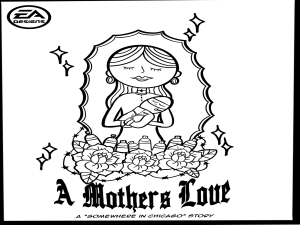 Image: A black and white comic page featuring a mother holding a baby. The illustration resembles a Virgen de Guadalupe but instead of an angel at the bottom there are spray cans, barbed wire, and roses. Bottom Text reads, A Mother's Love: a "Somewhere in Chicago" Story. Illustration created by Buflo for Sesenta.
