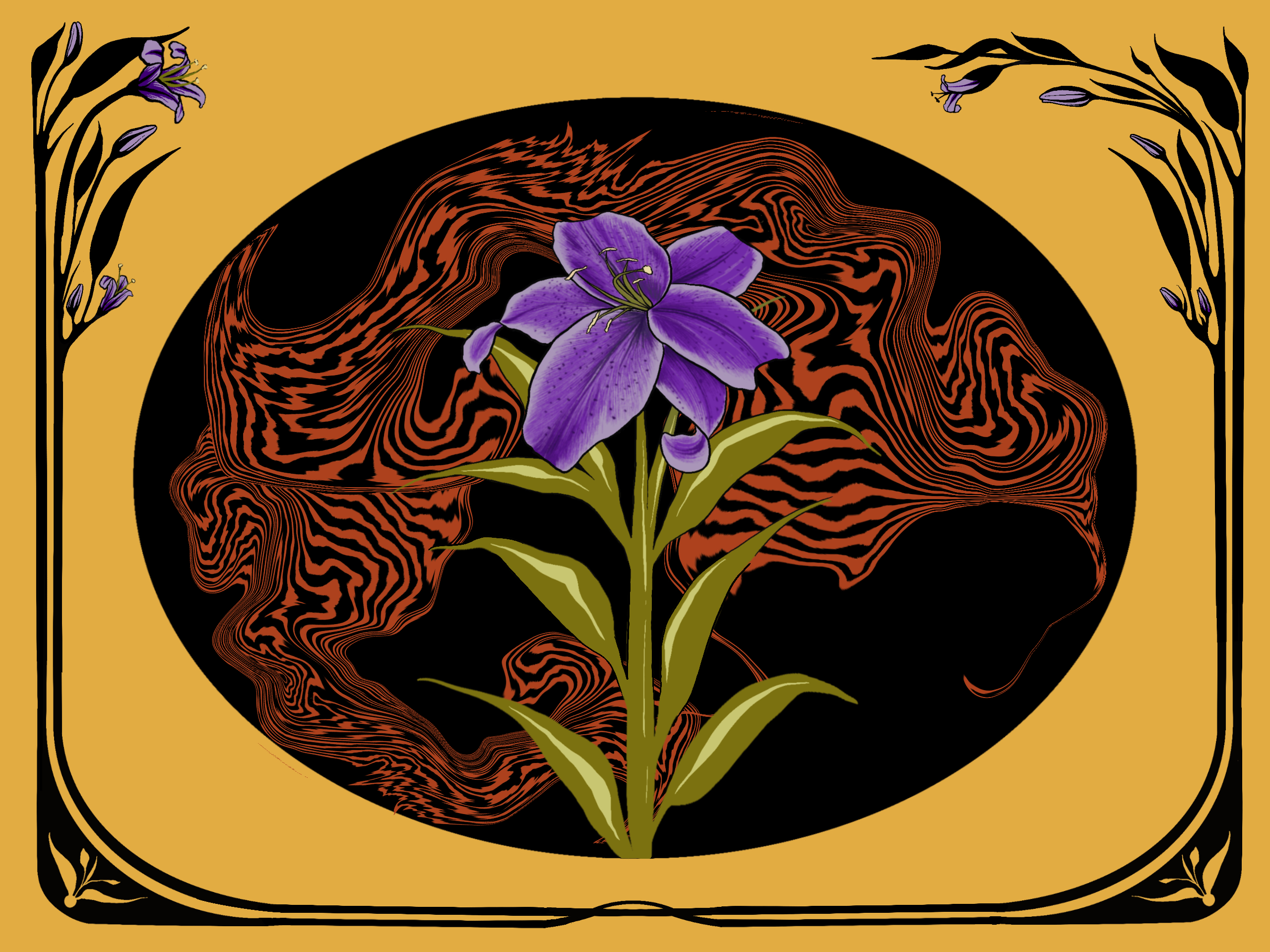 Image: In the center of a golden background, is a black oval containing orange and black ripples, overlaid with a vegetal stalk, blooming a purple flower. On the outside of the image is a tree-like black silhouette, running on the left, bottom, and right edges of the image. Image by Summer Milles.