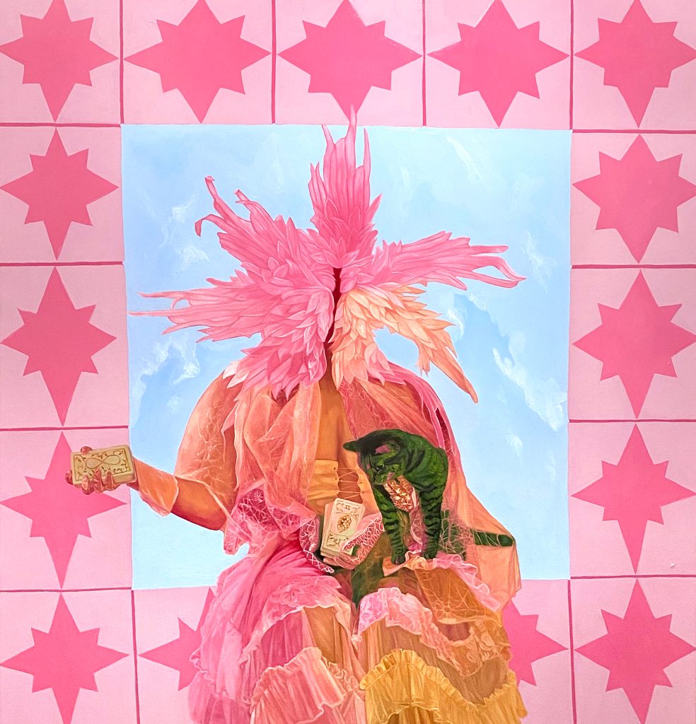 Image: Isabella Mellado, The High Priestess, 84x90" oil on canvas. A seated figure in front of a light blue sky, wearing a pink feathered mask and holding tarot cards in two hands and a green cat in a third arm. A thick border made up of pink stars on light pink squares surrounds the figure. Courtesy of Povos Gallery Chicago.