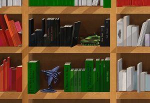 Image: A bookshelf with books the color of the Palestinian flag. One tank and one fighter jet act as bookends around books written by or about Palestinians. Illustration by Julia O'Brien.