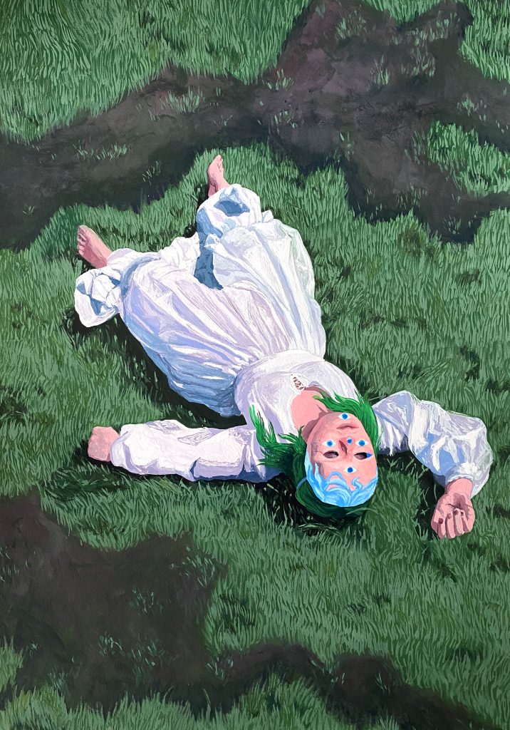 Image: Isabella Mellado, The Aftermath, 10x14" oil on canvas. Painting shows a green haired and light skinned masked body laying on grass with one hand over their head. Image courtesy of Povos Gallery Chicago.