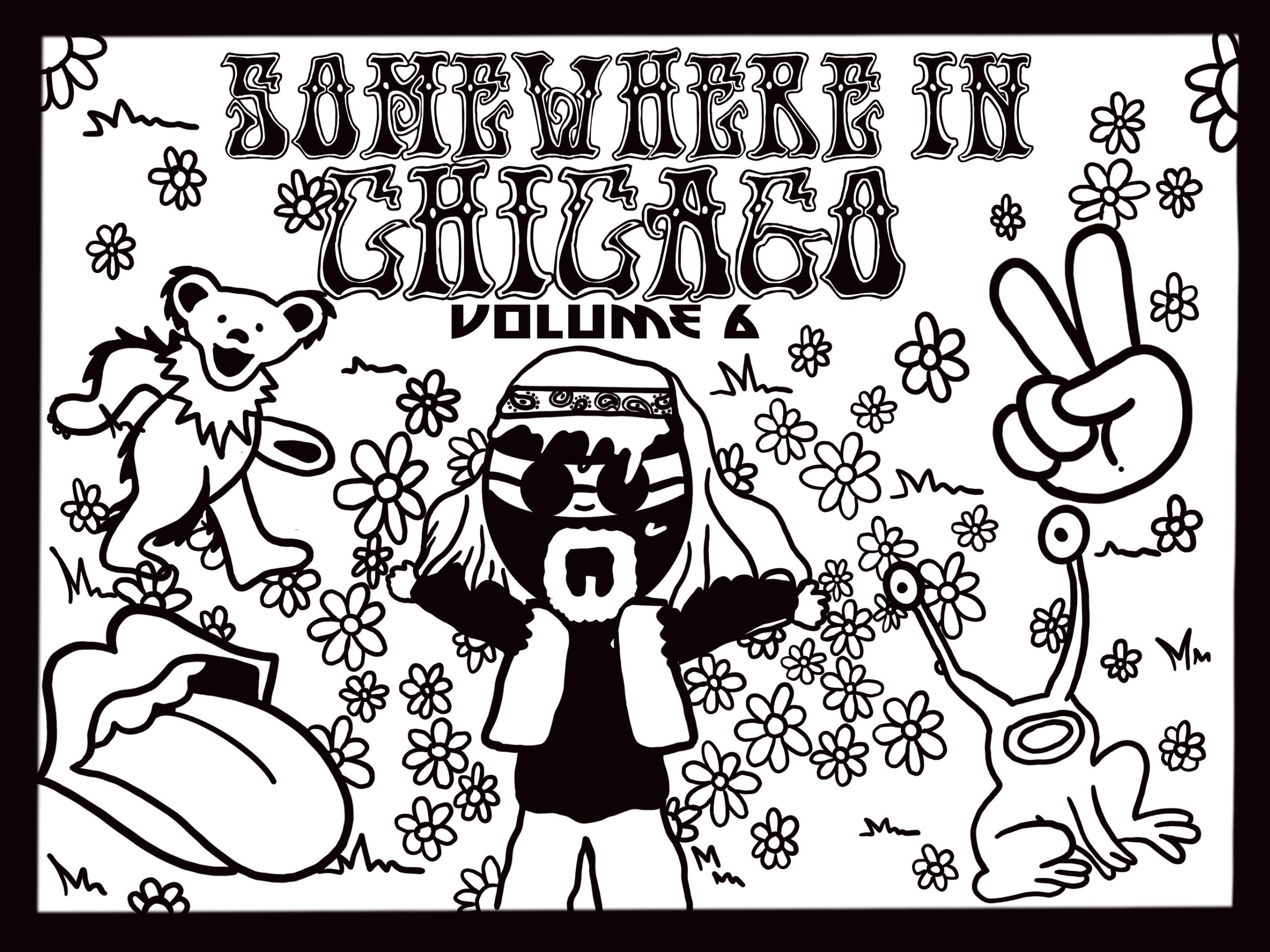 Image: Somewhere in Chicago black and white header image. Featuring a young Buflo in 70's themed attire with flowers, peace signs, an alien, a teddy bear, and a tongue. Original art created by Buflo, 2024.