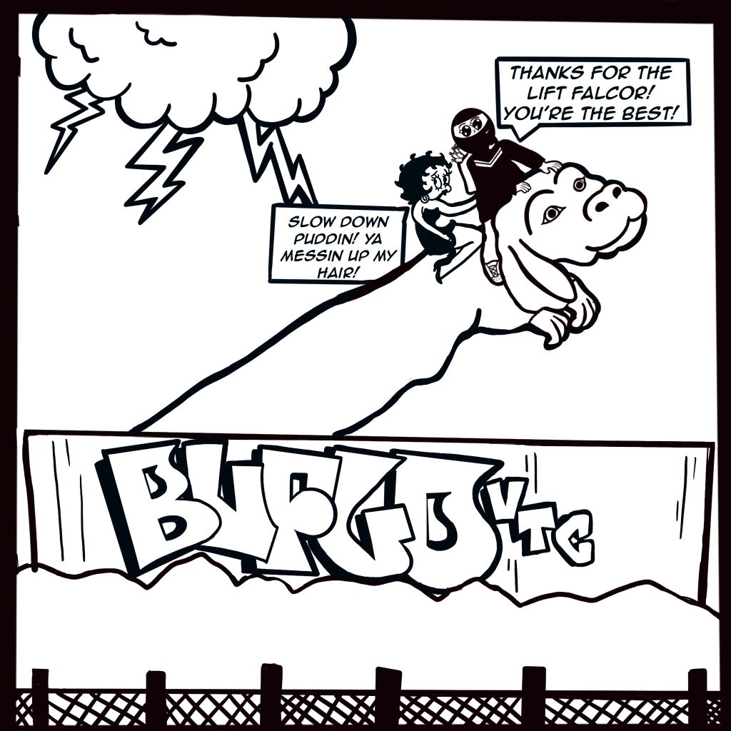 Image: Young Buflo and Betty Boop are shown riding a larger than life Falcor through lightning and Boop is shown saying, "Slow down puddin! Ya messin up my hair!" and young Buflo says, "Thanks for the life falcor! You're the best!" a Buflo tag is completed at the bottom. 