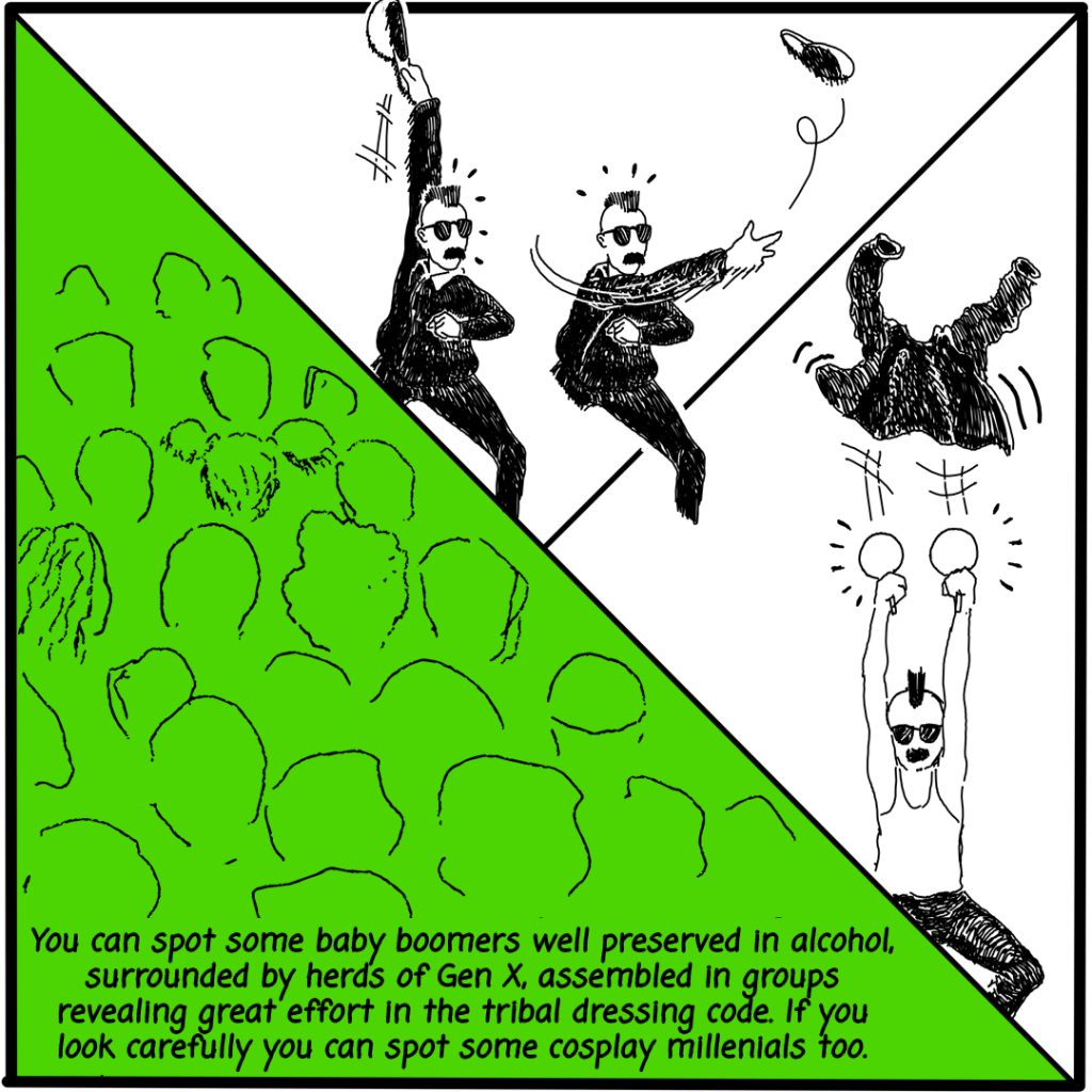 Image: A festival attendee wearing all black throws his hat off and takes off his jacket and throws his hands in the air holding two maracas. The text under a green crowd reads, "You can spot some baby boomers well preserved in alcohol, surrounded by herds of Gen X, assembled in groups revealing great effort in the tribal dressing code. If you look carefully you can spot some cosplay millenials too."