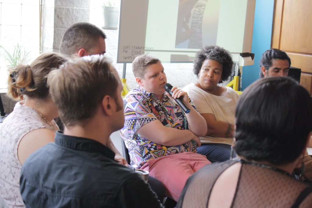 Image: Poet and CA+AP artist H. Melt speaks during a discussion at the 2018 Chicago Archives + Artists Festival. Photo by Hannah Siegfried.