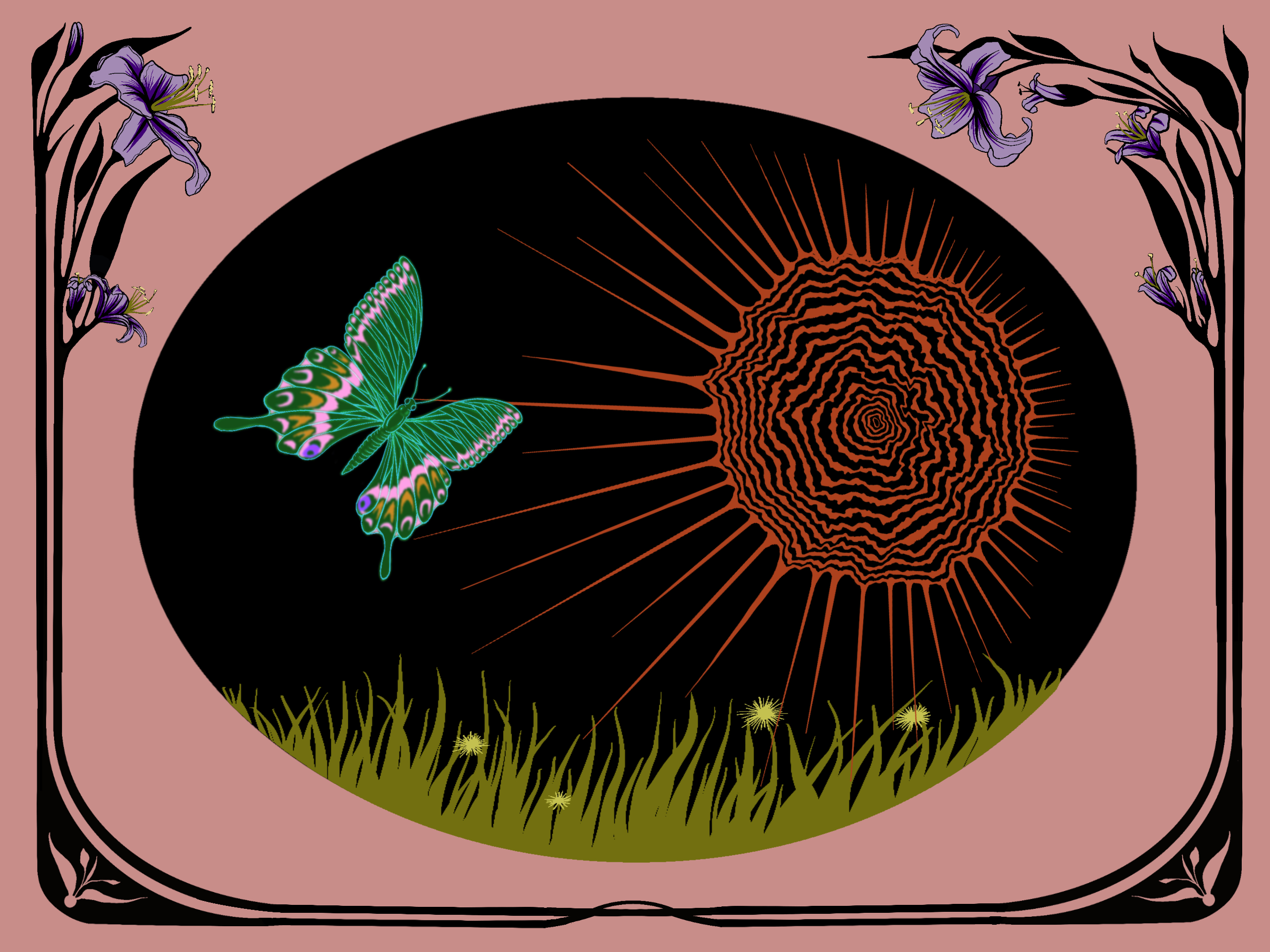Image: A pink background, framed along the right, left and bottom by a black border giving the impression of wood, with purple flowers blooming off the crowns of it. In the center is a black oval containing a turquoise butterfly, a rusty brown sun, and gold-ish grass. Illustration by Summer Mills.