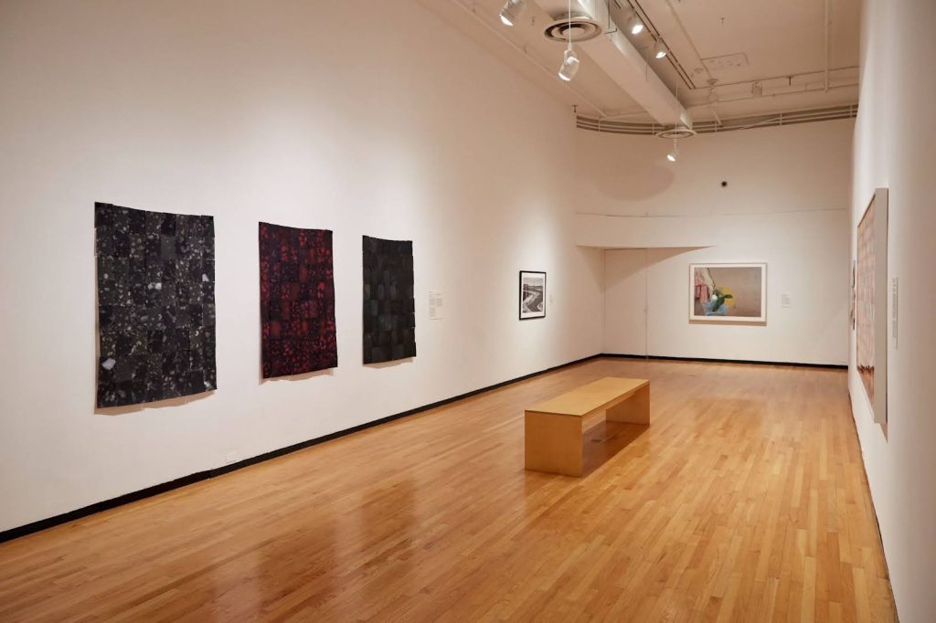 Image: Installation view, Captured Earth, 2024. An oblique view of a wall with three large woven panels of deeply colored prints in the foreground. Courtesy of the Museum of Contemporary Photography. Photo by Tom Nowak.