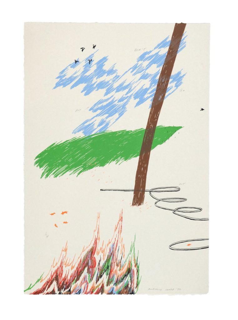 Image: McKinzie Trotta, Put It Out, 2022. A cross-shaped blue sky is dotted with bird-like figures and floats above a green horizon with a hose snaking from the right side of the image and ending behind a brown pole. A multicolored fire rises from the bottom of the image. Image courtesy of the artist.