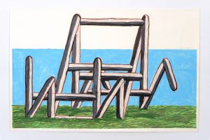 A geometric structure made from sticks resting on a green horizon against a blue and white background.