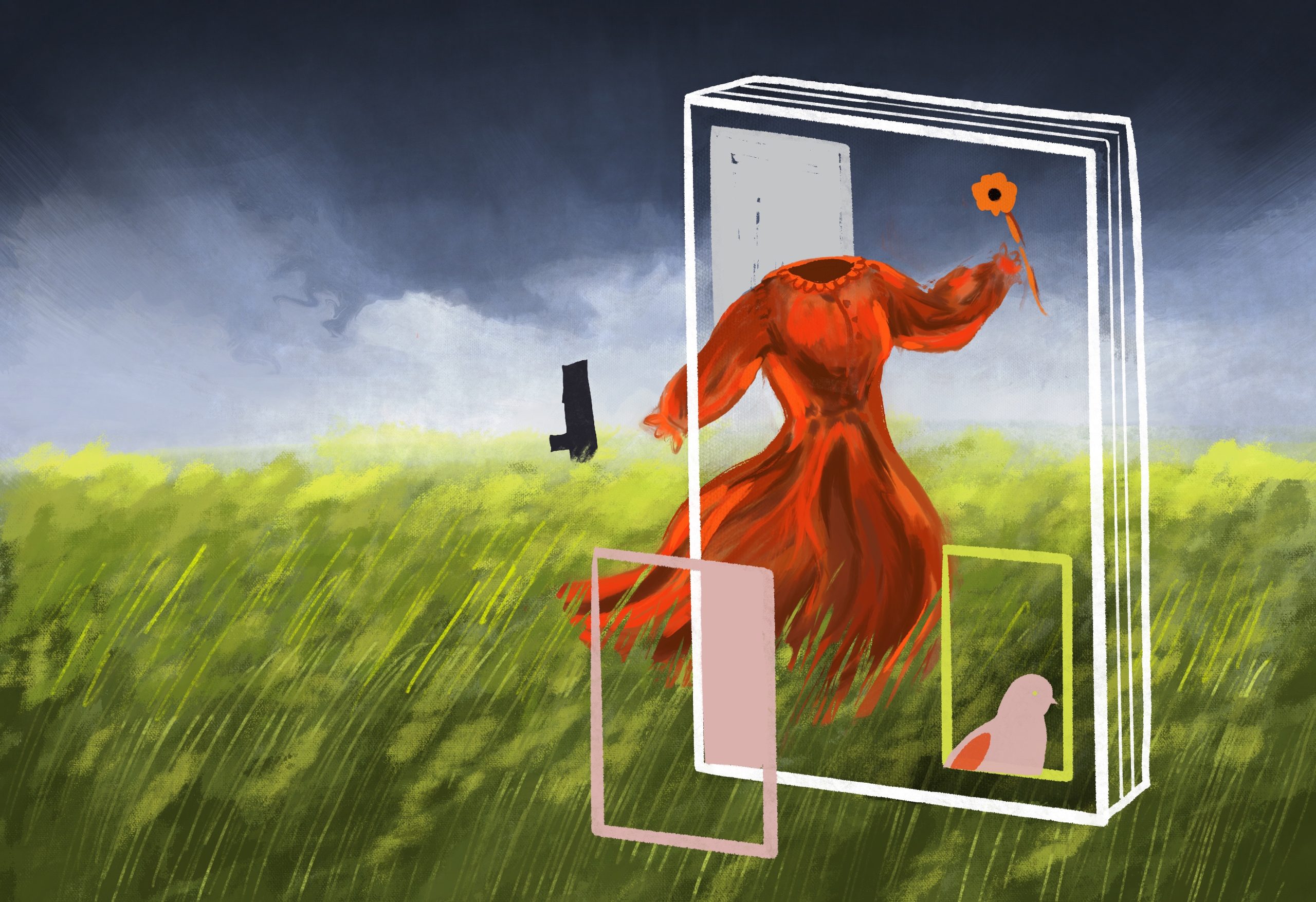 Image: Painting of an orange dress floating in tall green prairie grasses. The gray storm clouds roll above the tall grass. There is a suggestion of a ghostly figure holding an orange flower. The dress is encased inside the white outline of a book. The cover of the book also includes an illustration of a bird on the lower right-side corner and a gray square on the upper left side. The outline of a pink square is placed outside of the book outline adding dimension to the illustration. Illustration by Julia O' Brien.