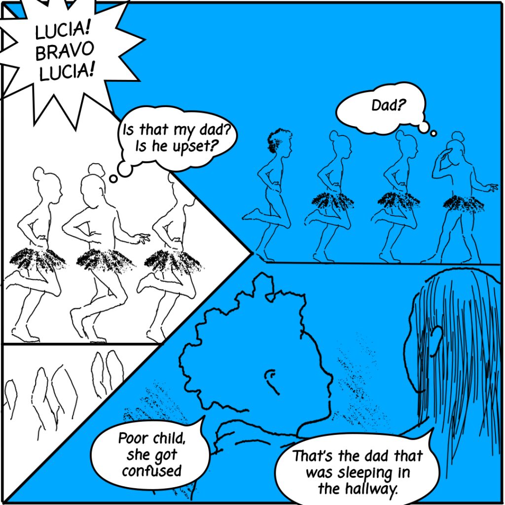 Image: a three part comic image shows ballerina performers on stage in blue and white. 1) The text bubble reads, "LUCIA! BRAVO LUCIA!" and a ballerina looks behind and tells the other ballerina, "Is that my dad? Is he upset?" 2) Same ballerina is shown in a blue stage asking, "Dad?" 3) Two main characters converse, "Poor child, she got confused" "That's the dad that was sleeping in the hallway."