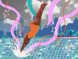 Image: an illustration of a Black person wearing a striped orange bathing suit diving headfirst into the water. Where their hands enter the water, there is a large splash, as well as orange and pink ribbons running up and across the image. Under the water, there is a the text of a book. In the background, a dark blue silhouette of Chicago's skyline and greyscale clouds. Illustration by Gaby Feland.