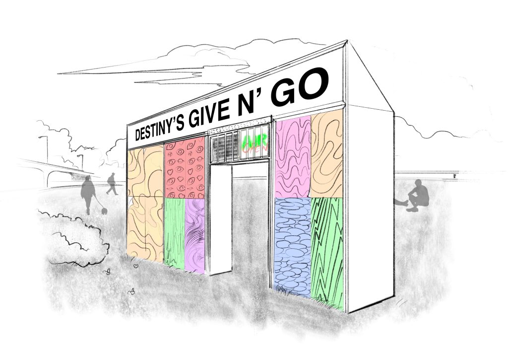 Image: A digital mock-up of Destiny's Give N' Go, showing a constructed faux-storefront with artwork on the front. Various figures surround the structure. Image courtesy of Carlos Flores.