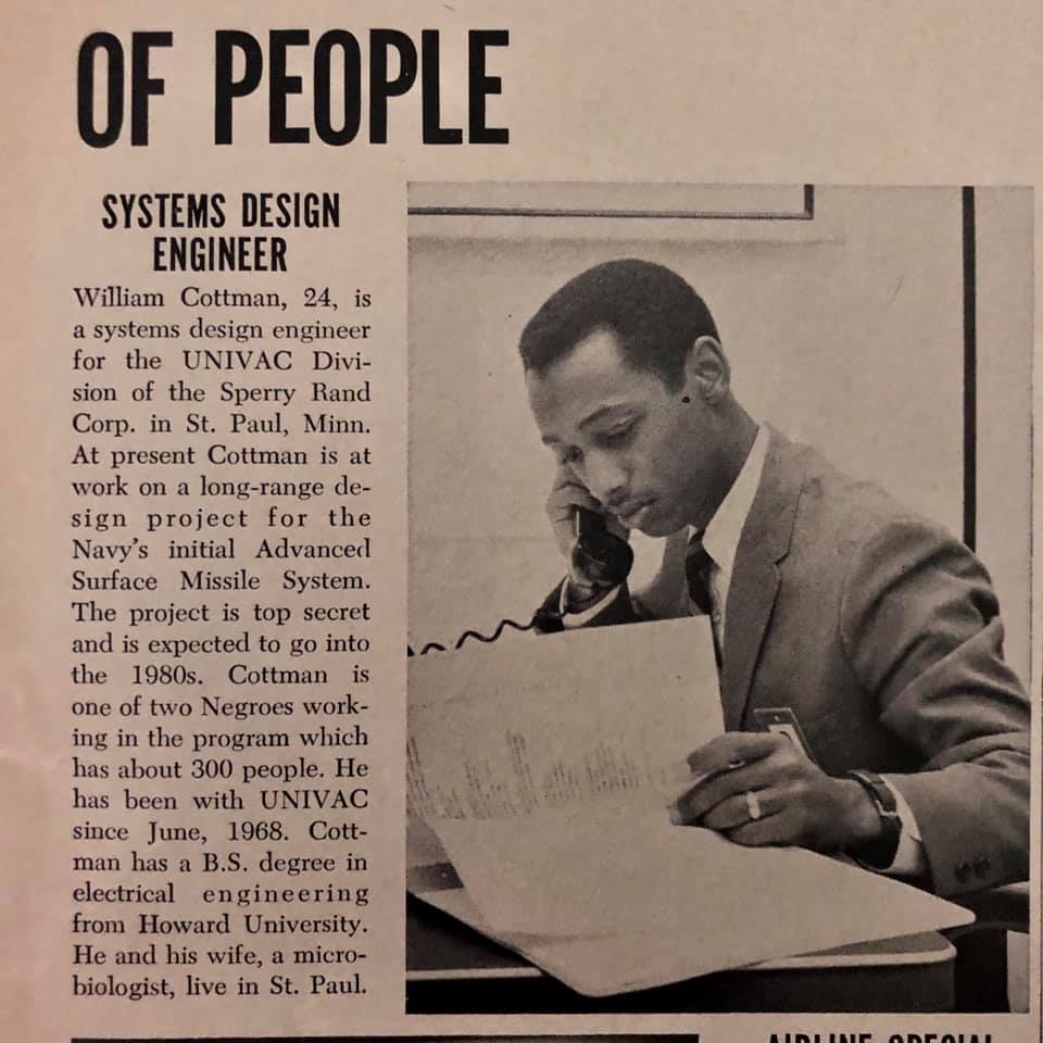 Image: An archival newspaper clipping depicting a young William Cottman, wearing a suit while answering an office telephone. Next to the photo is a profile of Cottman through his employer at the time, UNIVAC. Photo courtesy of writer.